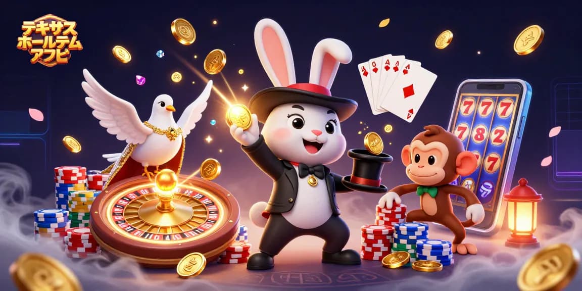 テキサスホールデム アプリのシーンで、ウサギが帽子からゴールドコインを引き出し、猿がポーカーチップを盗む様子を描いた魅力的なイラスト