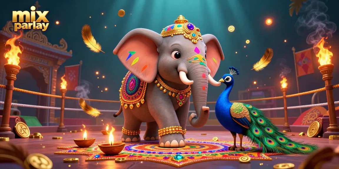 Place your bets on mix parlay with a festive scene of vibrant elephant and peacock.