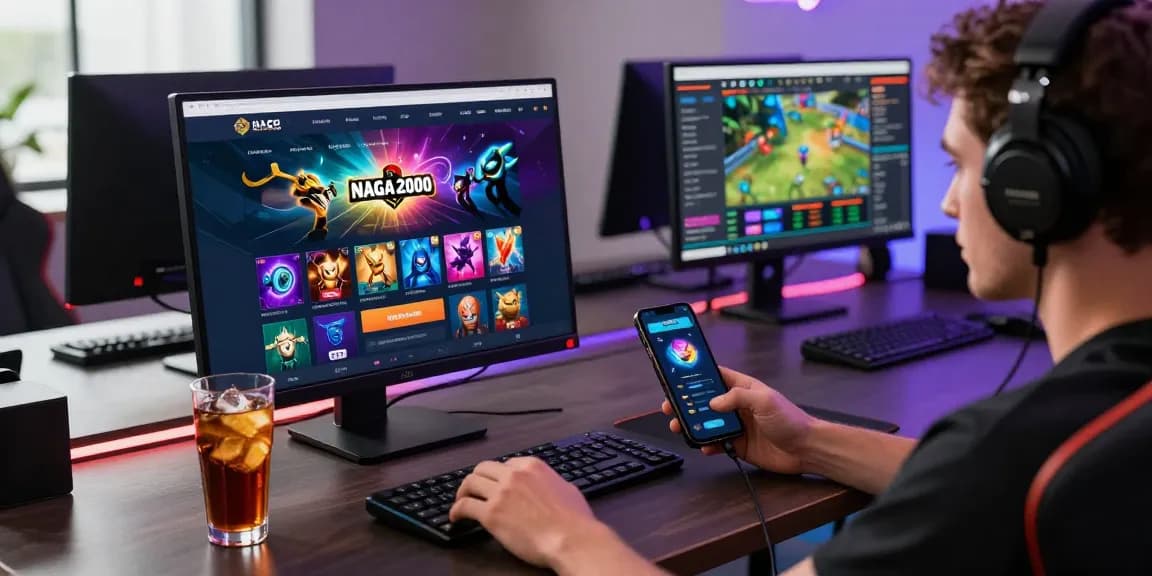 NAGA2000 LOGIN interface displayed on desktop and mobile with vibrant gaming graphics and a focused gamer.