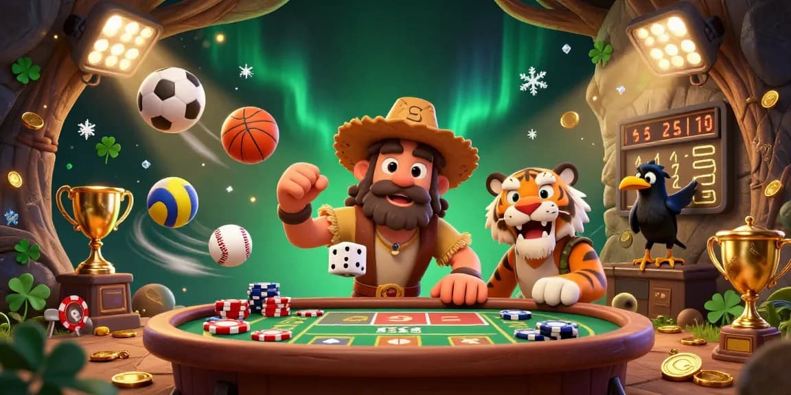Place bets with sbobet link in a vibrant, dynamic casino scene featuring sports elements and playful characters.