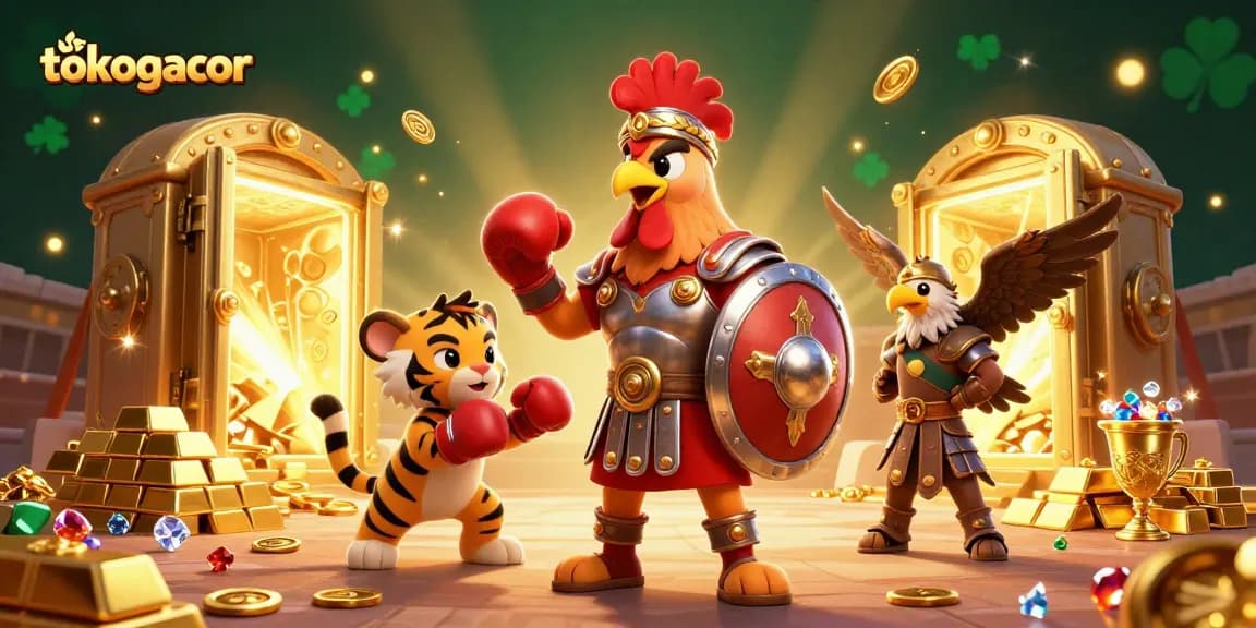 Tokogacor menunjukkan ayam jantan gladiator bersenjatakan armor dengan harta karun berkilau di arena.