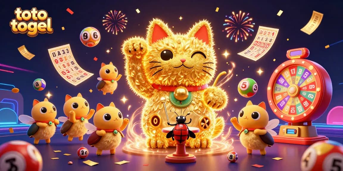 Experience the thrill of toto togel with this vibrant 3D illustration of a lucky cat and dynamic lottery elements, enhancing your gaming excitement.