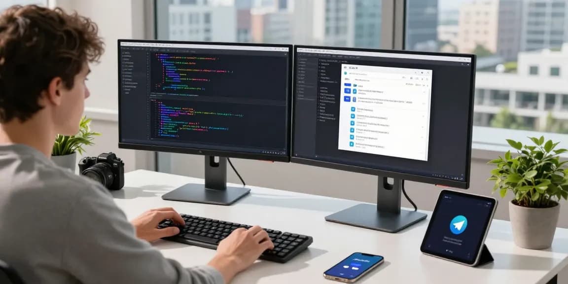 Dynamic workspace showcasing a developer using the 纸飞机中文版 app on dual monitors amidst tech décor, emphasizing modern communication.