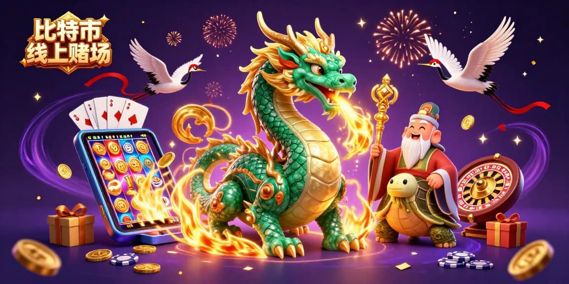 比特幣線上賭場盛大慶祝，伴隨飛翔的幸運鶴與龍的魔力，展現精緻的數位插圖。