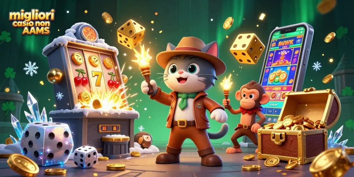 Illustrazione coinvolgente dei migliori casino non AAMS con un gatto archeologo e dinamici elementi da casinò.