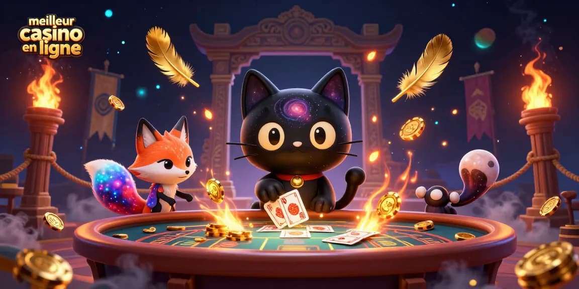 Meilleur casino en ligne : L'illustration vibrante d'une table de casino cosmique avec des personnages animés.