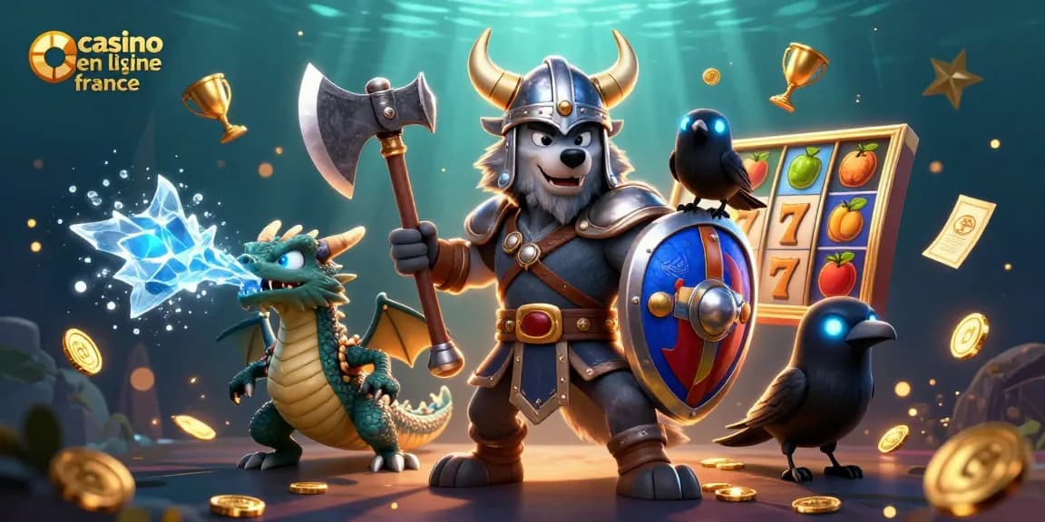 Jouez à casino en ligne France avec un loup guerrier et un dragon dans un univers riche en symboles de chance.