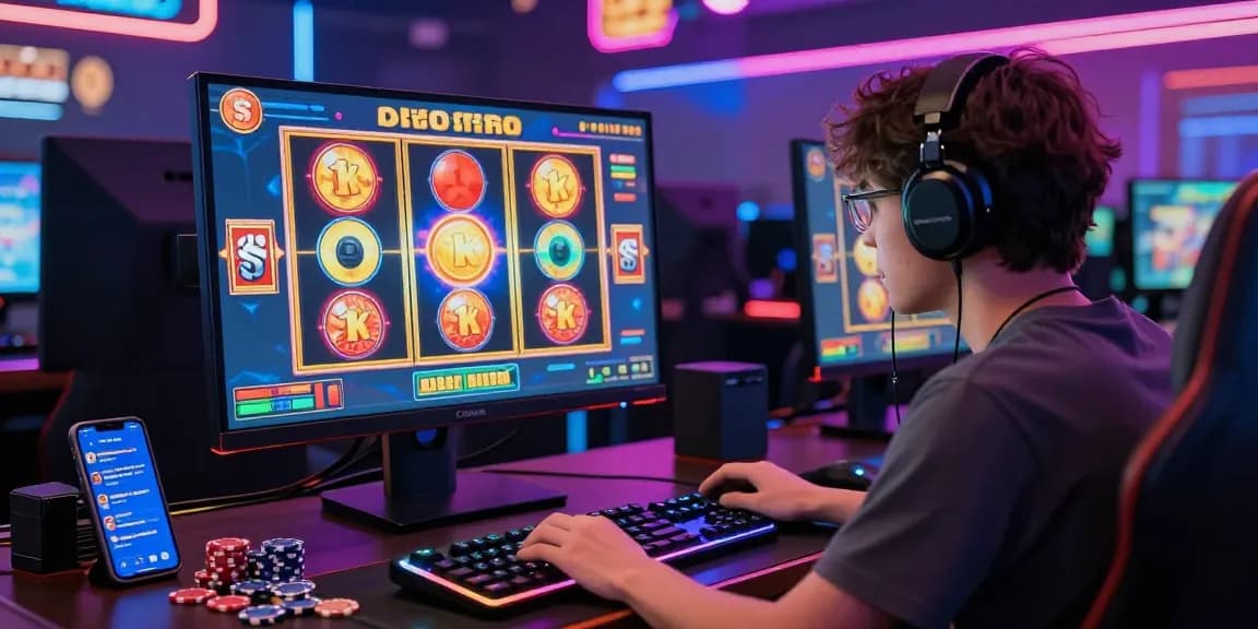 Engaged player enjoying slot deposit 1k game on computer with vibrant graphics.
