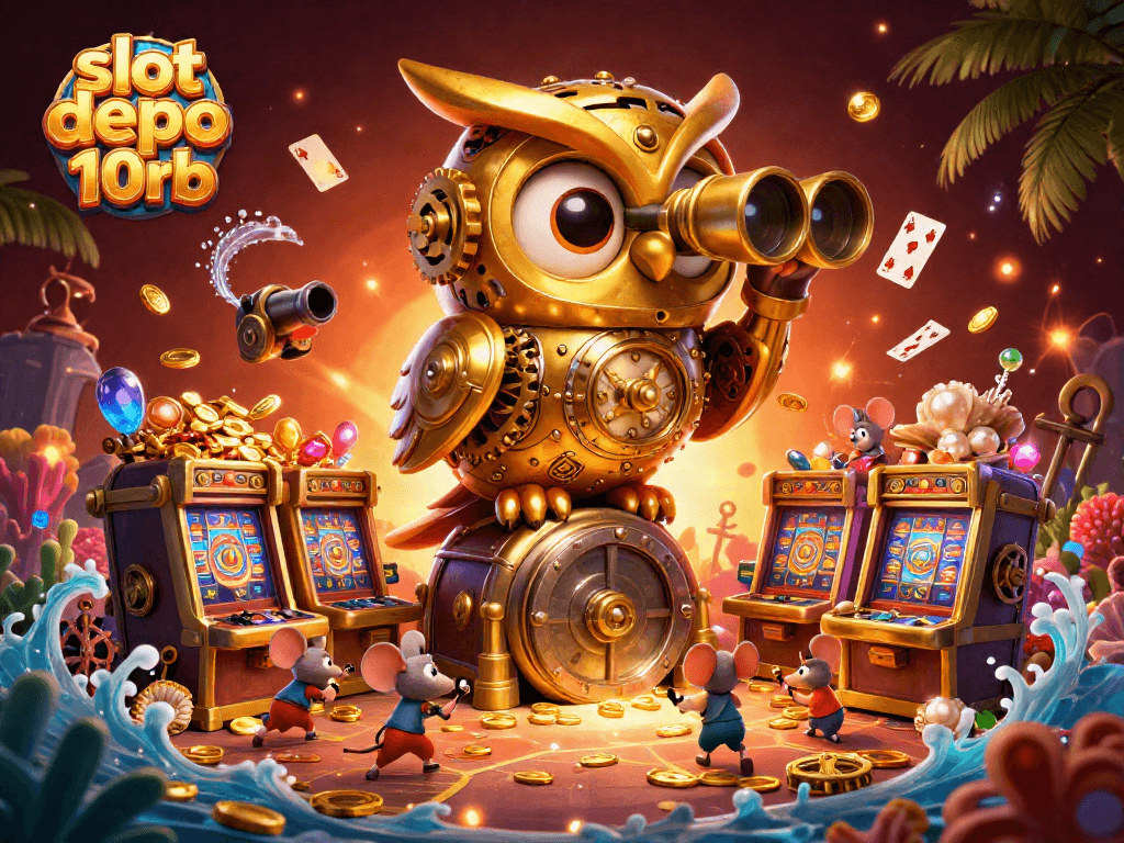 Experience the thrilling slot depo 10rb scene with owl, mice patrons, and vibrant casino elements.