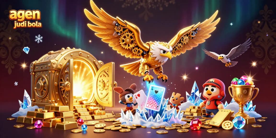 Engage in thrilling action at agen judi bola, featuring a cybernetic eagle amidst dazzling casino treasures.