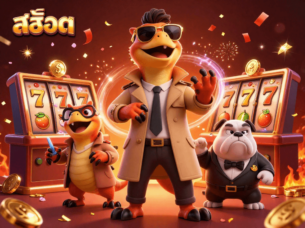 Engaging scene ofสล็อต with raptors in a trench coat attempting casino entry, surrounded by festive gaming elements.