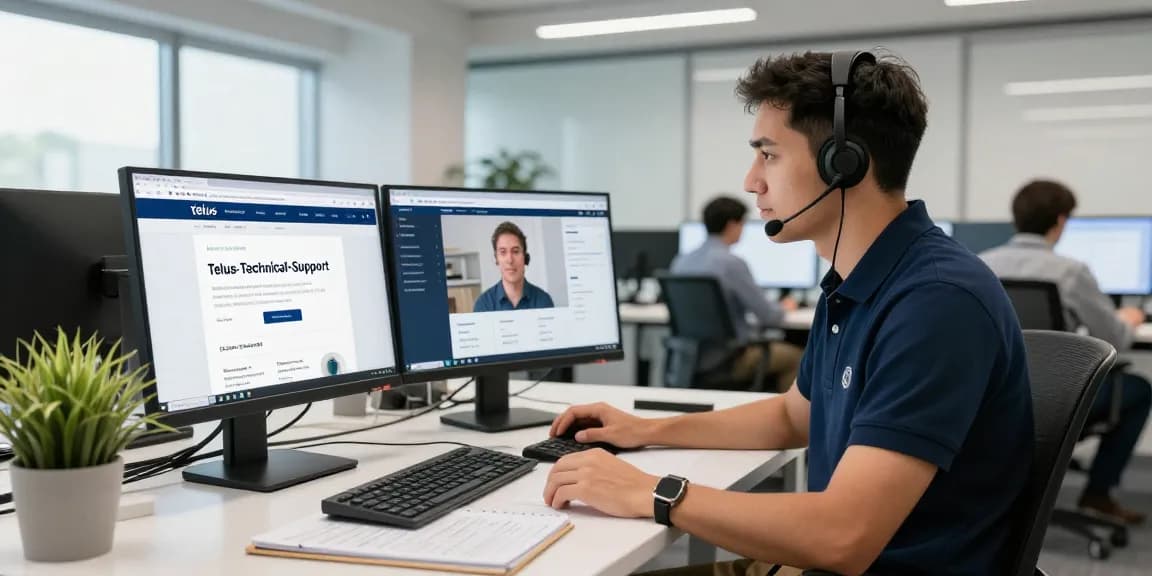 Expert in Telus-Technical-Support assisting customers in a modern office setting.