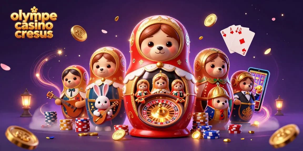 Gagnez gros au casino olympe cresus avec une illustration 3D vibrante d'éléments de casino animés et de personnages.