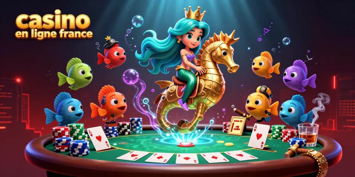 Vivez l'excitation du casino en ligne France avec une scène sous-marine vibrante mettant en vedette des éléments de poker et des personnages fantastiques.