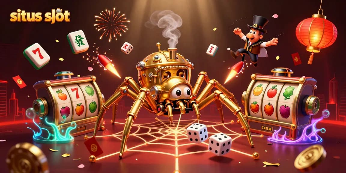 Experience the thrill of situs slot with a steampunk spider, fruit slots, and an amused fly in a vibrant casino scene.