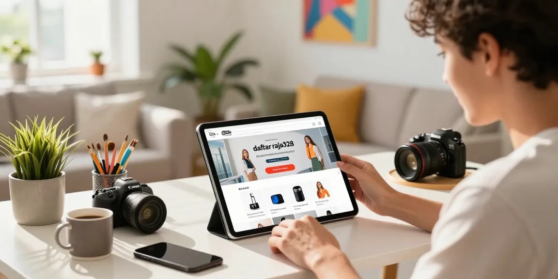 Engaged shopper exploring daftar raja328 online registration in a stylish home.