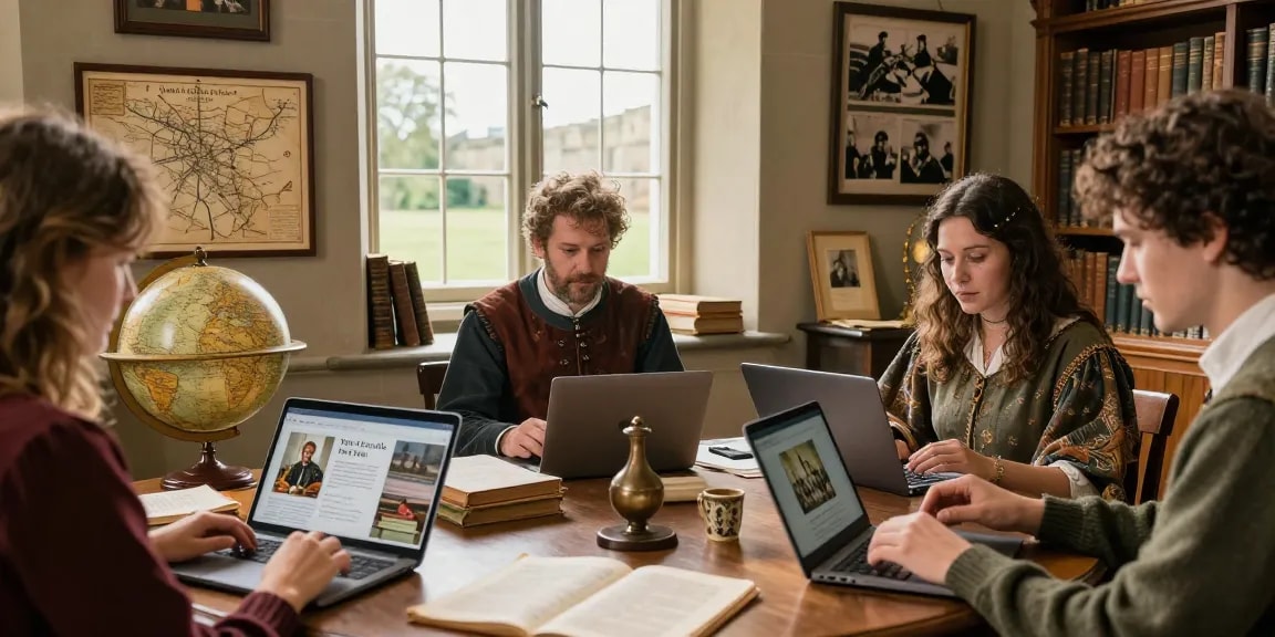 Readers enjoying historical articles from https://tyntescastle.com in a cozy library filled with vintage books and artifacts.