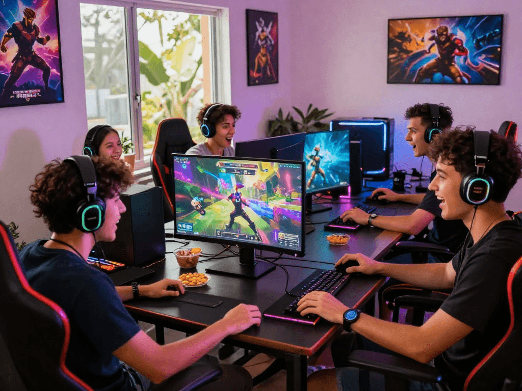 Engaging scene of friends enjoying games at home, showcasing the excitement of situs raja328 gaming platform.