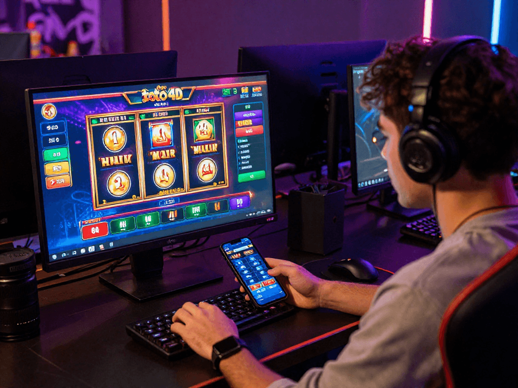 Engaging online gamer exploring daftar toto 4d options in a virtual live casino, surrounded by vibrant gaming elements.