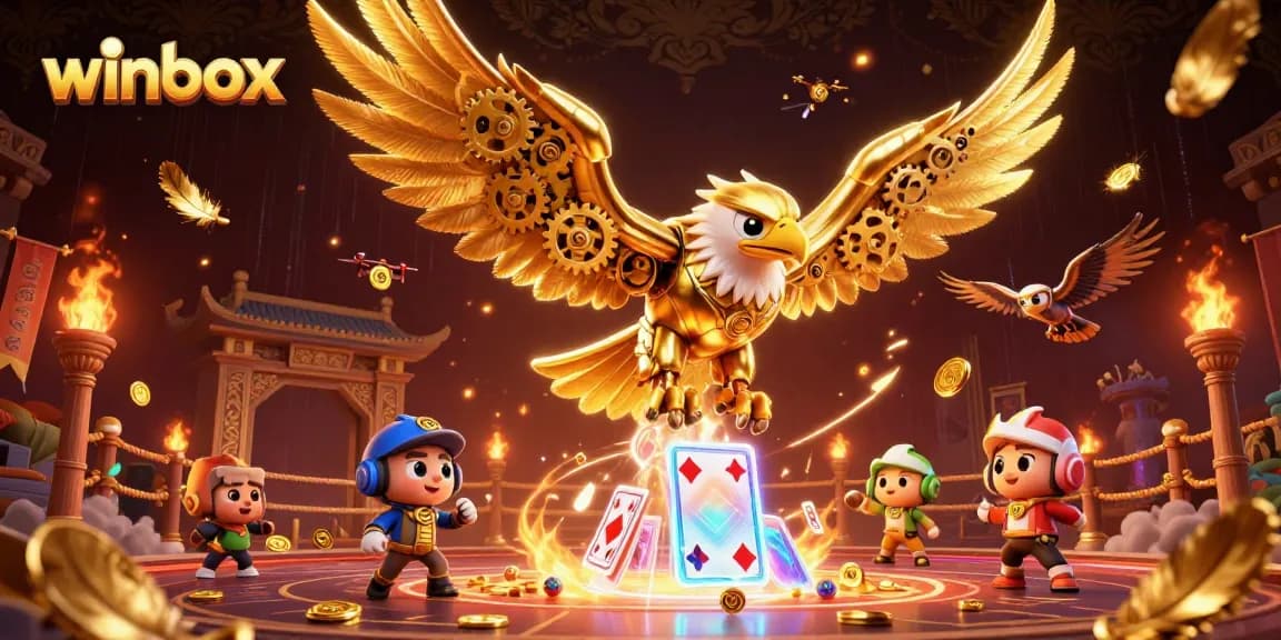 Winbox showcases an exhilarating dive of a cybernetic golden eagle through holographic cards, embodying thrilling casino action.