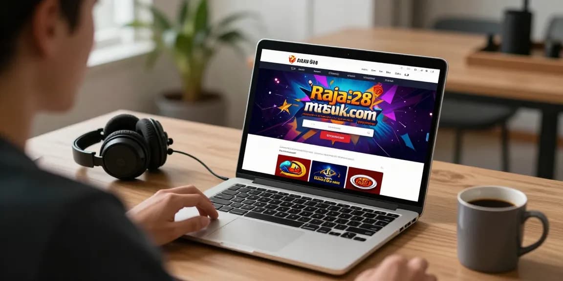 User enjoying the raja328masuk.com platform on laptop in a cozy gaming setup.