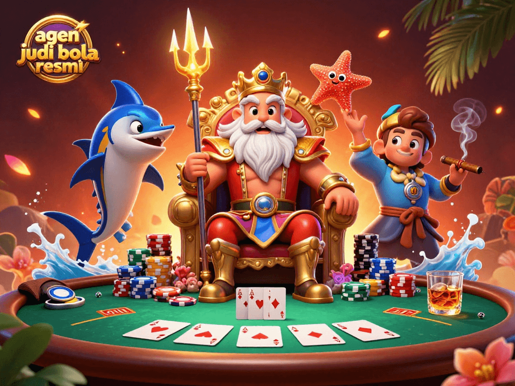 Experience the excitement of agen judi bola resmi with Neptune and his colorful entourage at an elaborate poker table.