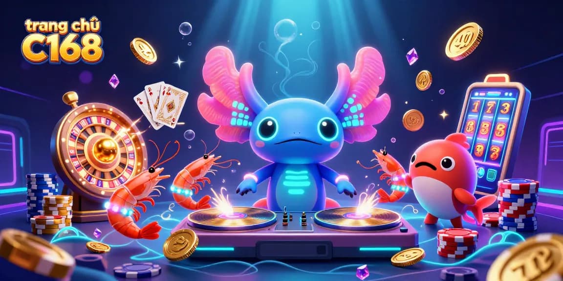 Experience vibrant gameplay at trang chủ C168 with a neon axolotl DJ and lively underwater casino elements.