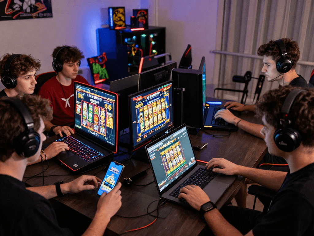 Exciting gaming players engaging with info slot games on multiple devices in a vibrant, colorful setup