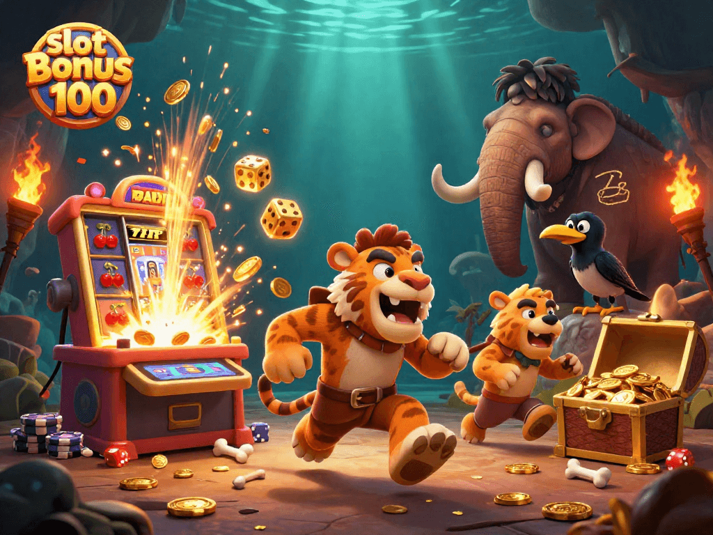 Win big with slot bonus new member 100 in a vibrant 3D casino scene featuring dynamic characters and games.