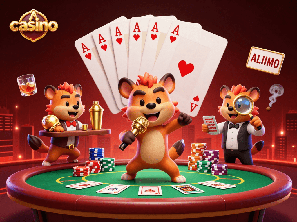 Hyenas enjoy a lively casino scene with comedy, drinks, and poker action.