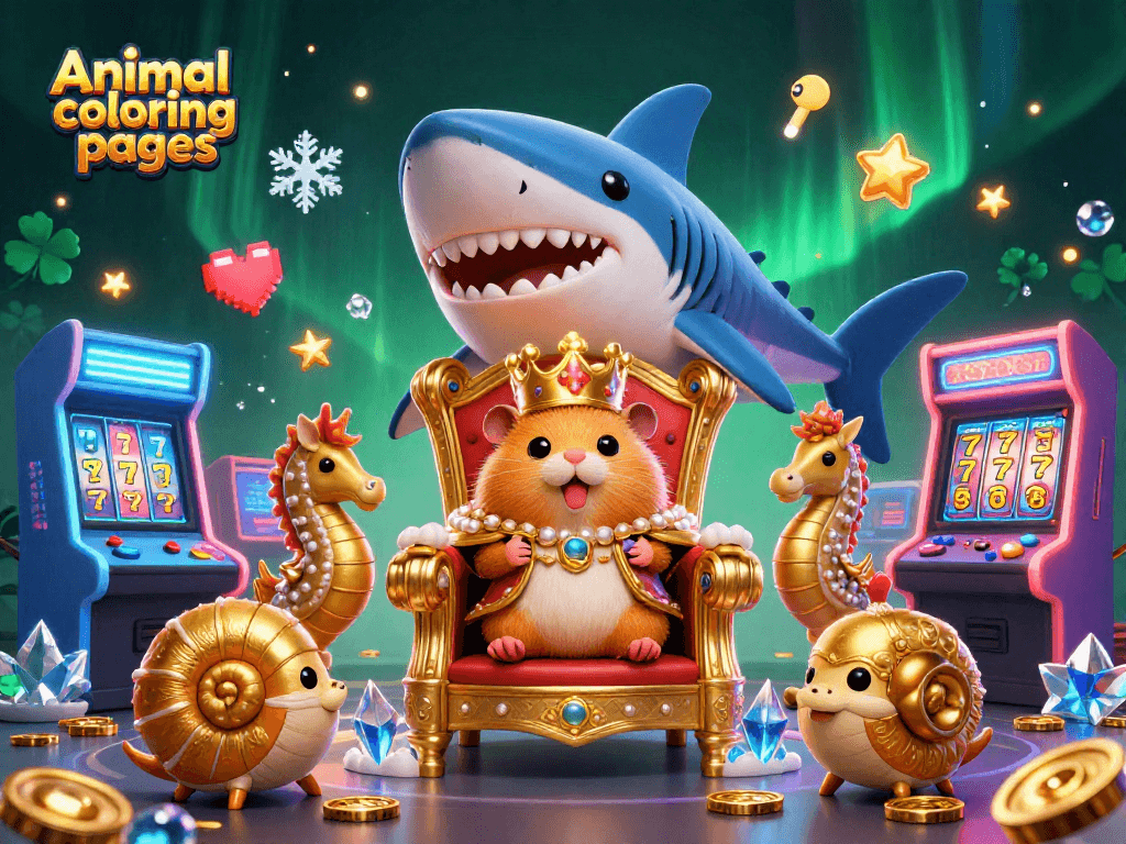Animal coloring pages featuring a hamster king in a casino-themed 3D illustration with vibrant game elements.