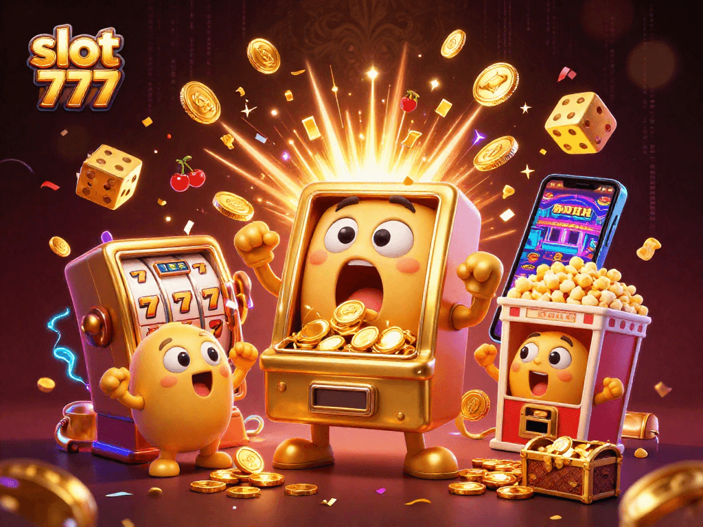 Experience the excitement of slot 777 with a jackpot scene featuring golden coins and cheering baby slots.