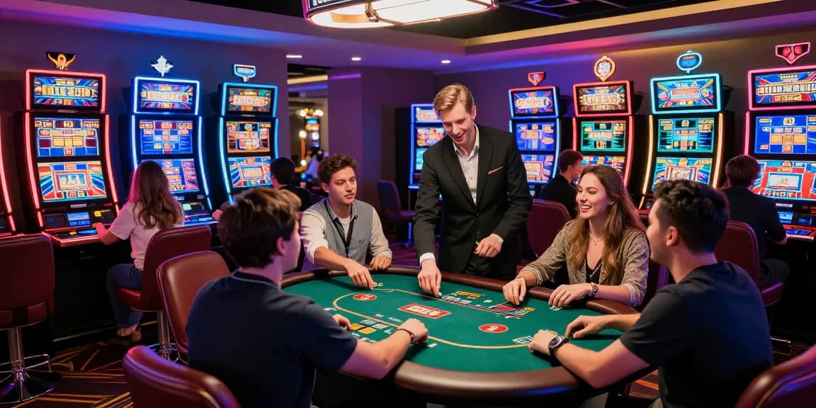 Hội viên tham gia Đăng ký Jin88 tại không gian casino sôi động, tương tác với dealer và các máy chơi game.