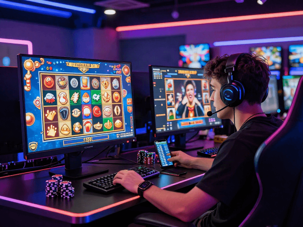 Engaging gamer experiencing the thrill of bandar slot with colorful graphics and excited chat community.
