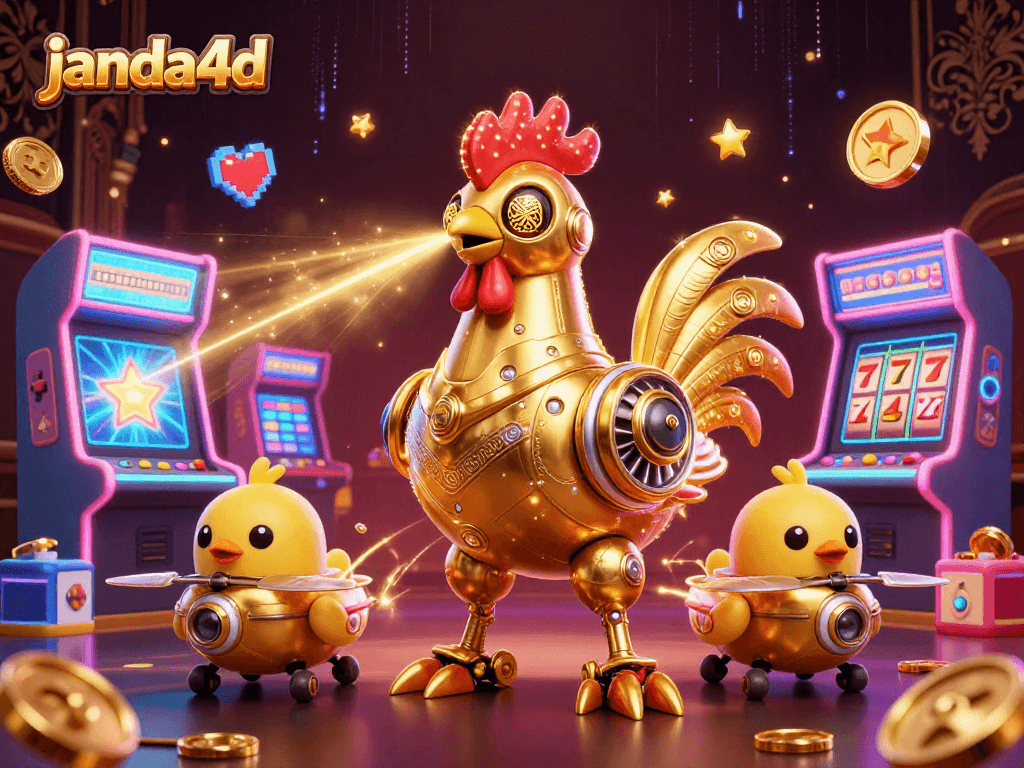Menggali keseruan bermain dengan janda4d, robot ayam emas 3D yang mengeluarkan laser seru di tengah permainan slot yang penuh warna.