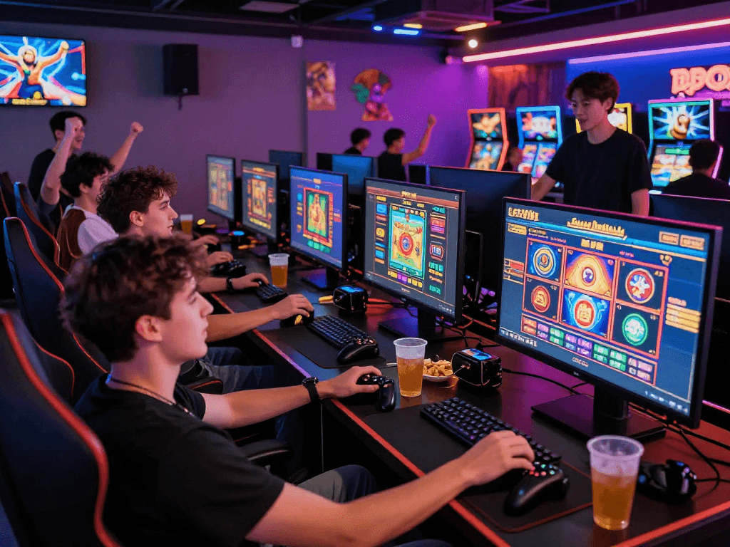 Exciting gaming lounge featuring vibrant slot games and friends engaging in pasaran togel.