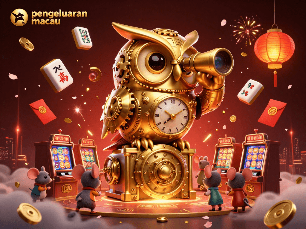 Experience pengeluaran macau with a vibrant casino scene featuring an owl, mice, and festive elements.