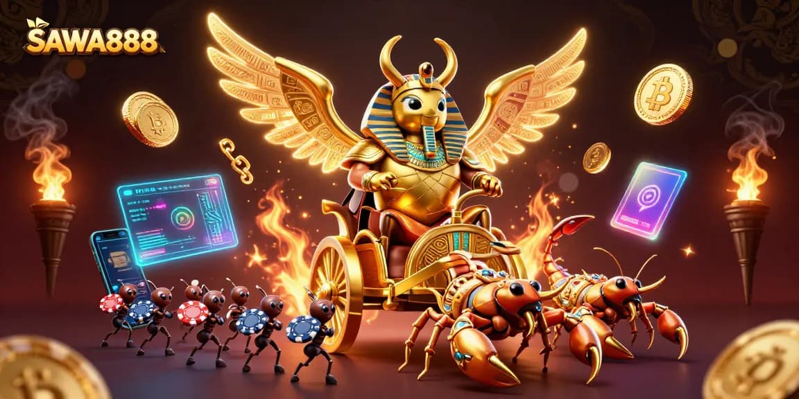 Experience thrilling gameplay with SAWA888's vibrant 3D illustration of an ancient pharaoh's gambling adventure.