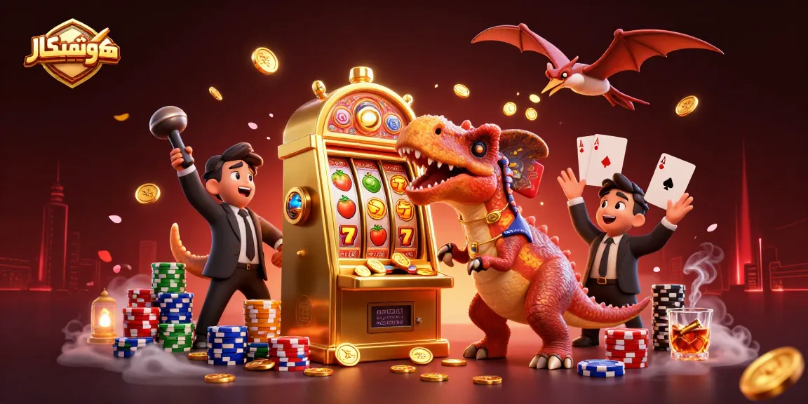 Spinning the jackpot at هوشمندکار with a dinosaur-themed casino illustration featuring dynamic slot machines.