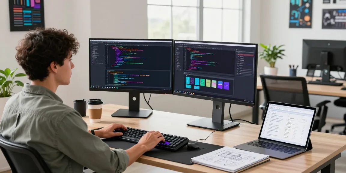 Developer at telegramin-cn.com workspace with coding monitors and technical setup.