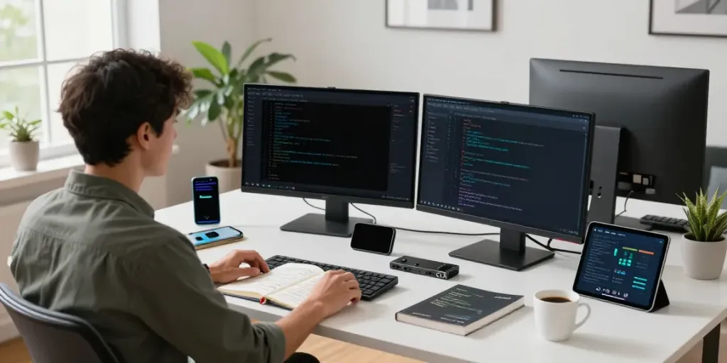 Developer reviewing open-source Android apps at a modern workspace, h5.2113.net.