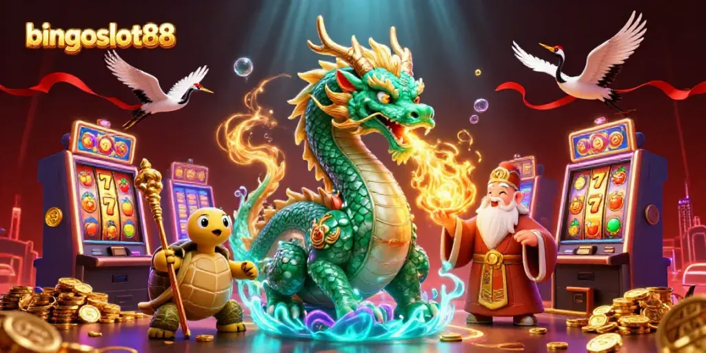 Menggali keseruan pada bingoslot88 dengan naga zamrud dan mesin slot berkilauan.