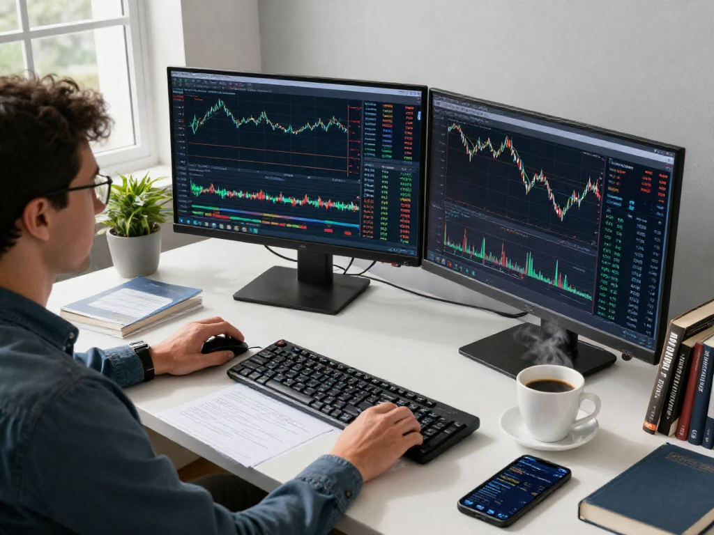 Trader using MetaTrader 5 on multiple screens for financial analysis