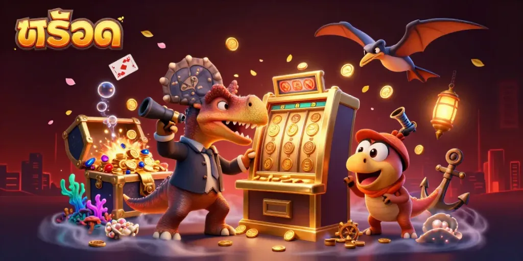 Experience the excitement of สล็อต with cartoon dinosaurs celebrating jackpots in a vibrant casino scene.