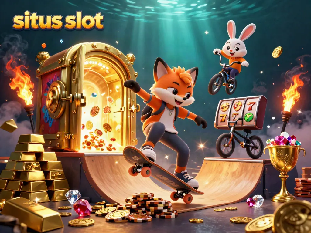 Situs slot illustration featuring a skateboarder fox and BMX rabbit, surrounded by casino treasures.