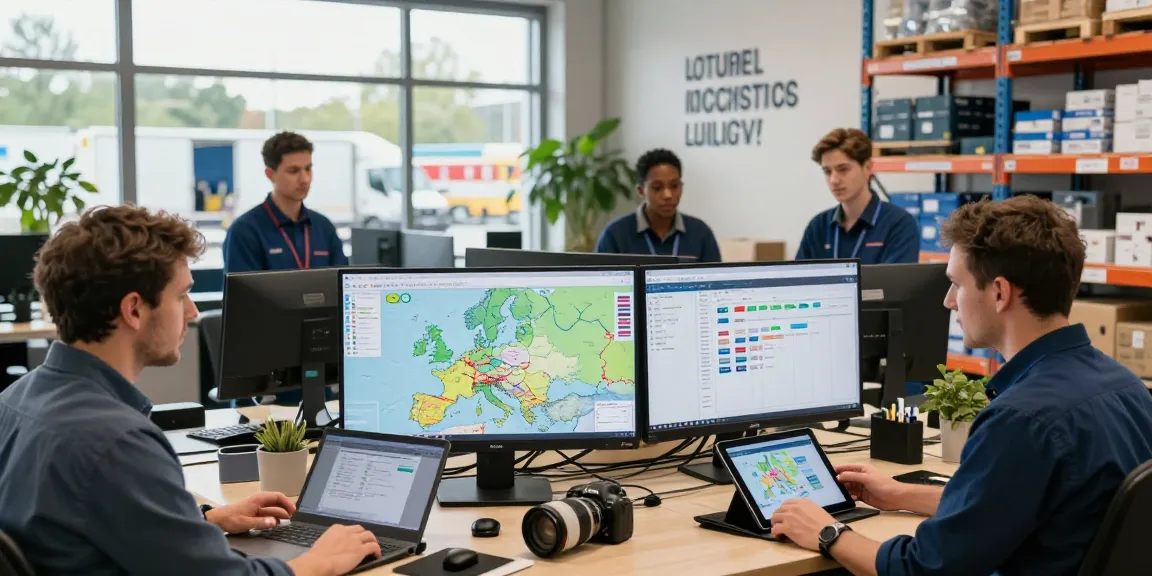 Transportlösungen von Logistikunternehmen Dortmund mit Teamarbeit und Echtzeit-Datenvisualisierungen.