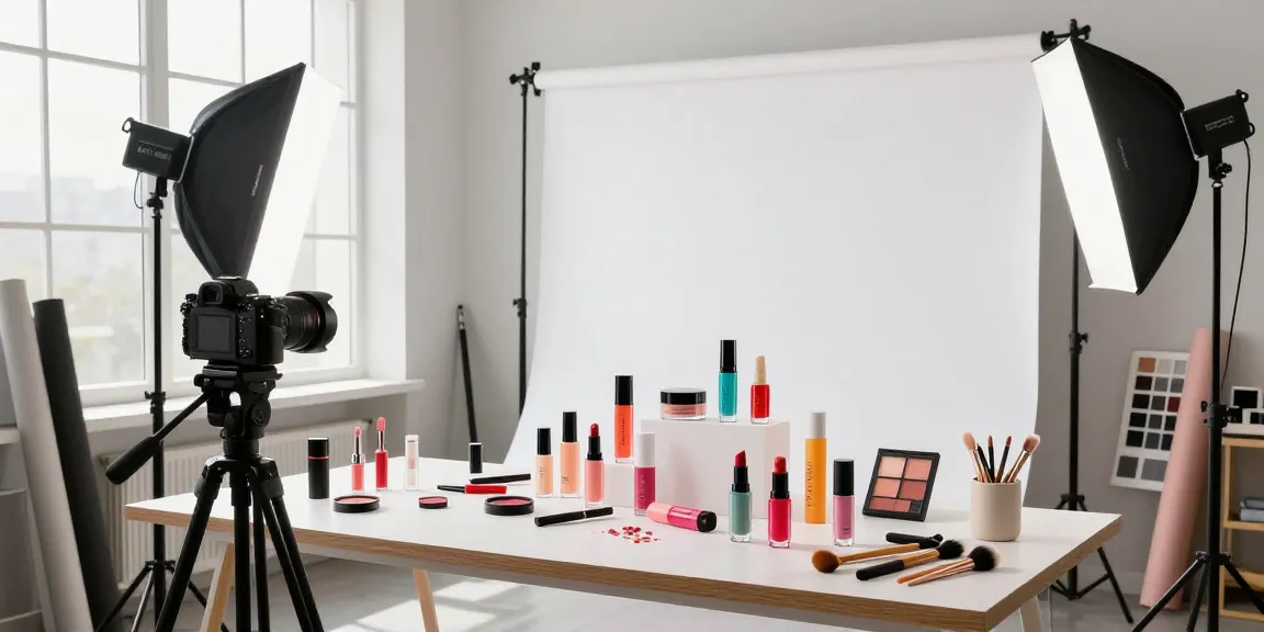 Fotografia di Prodotti in uno studio fotografico urbano con cosmetici esposti in modo artistico.