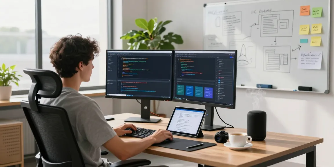 A developer managing openclaw skill in a modern workspace with dual monitors and a vibrant atmosphere.