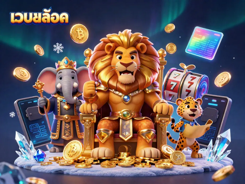 Engage with เว็บสล็อต featuring vibrant characters and slot elements amidst a digital gambling landscape.