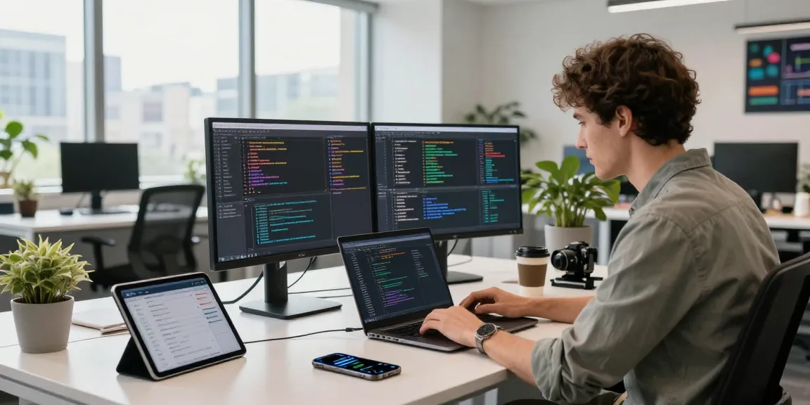 Focused software developer coding in a modern tech workspace featuring 纸飞机中文版 app on screens, vibrant atmosphere.